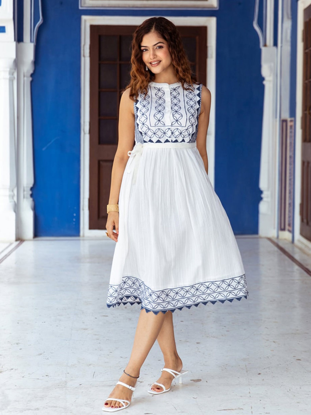 Aadews Geometric Embroidered Mandarin Collar Gathered Cotton Fit & Flare Dress, Blue
Aadews Geometric Embroidered Mandarin Collar Gathered Cotton Fit & Flare Dress, Blue