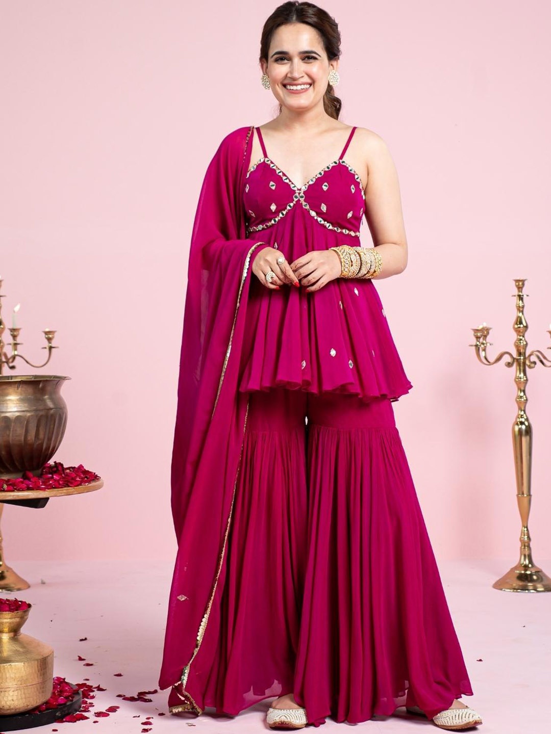 Urbanstree Ethnic Motifs Embroidered Mirror Work Top with Sharara & With Dupatta, Magenta
Urbanstree Ethnic Motifs Embroidered Mirror Work Top with Sharara & With Dupatta, Magenta
