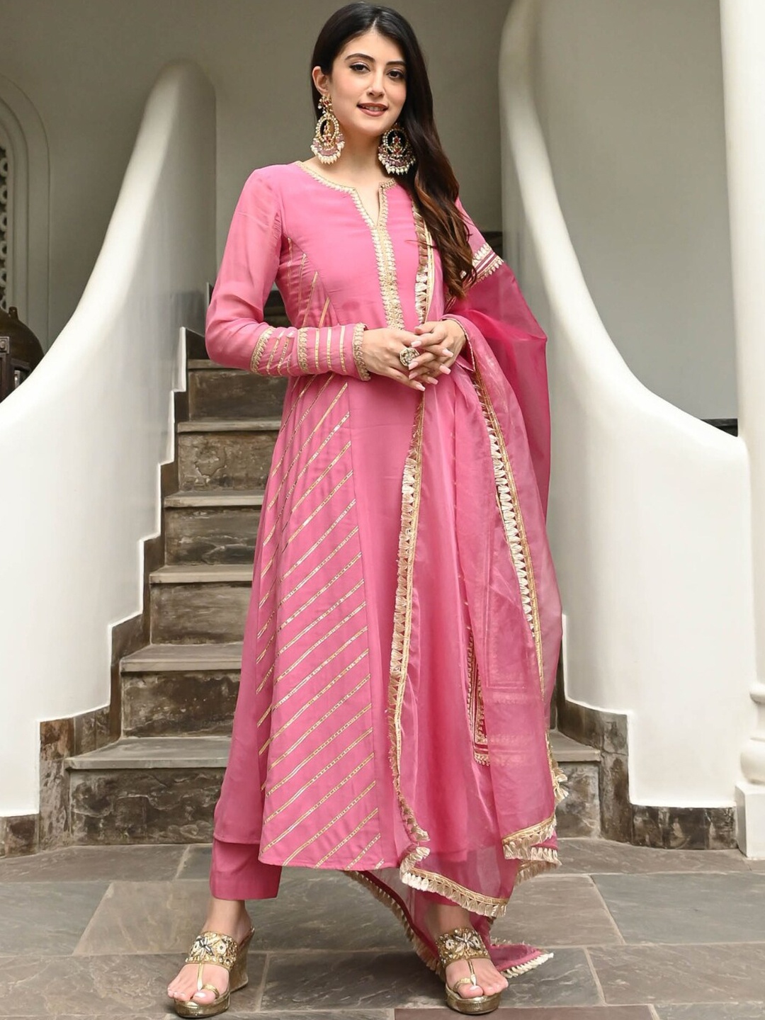 Urbanstree Striped Anarkali Gotta Patti Kurta with Trousers & With Dupatta, Pink
Urbanstree Striped Anarkali Gotta Patti Kurta with Trousers & With Dupatta, Pink