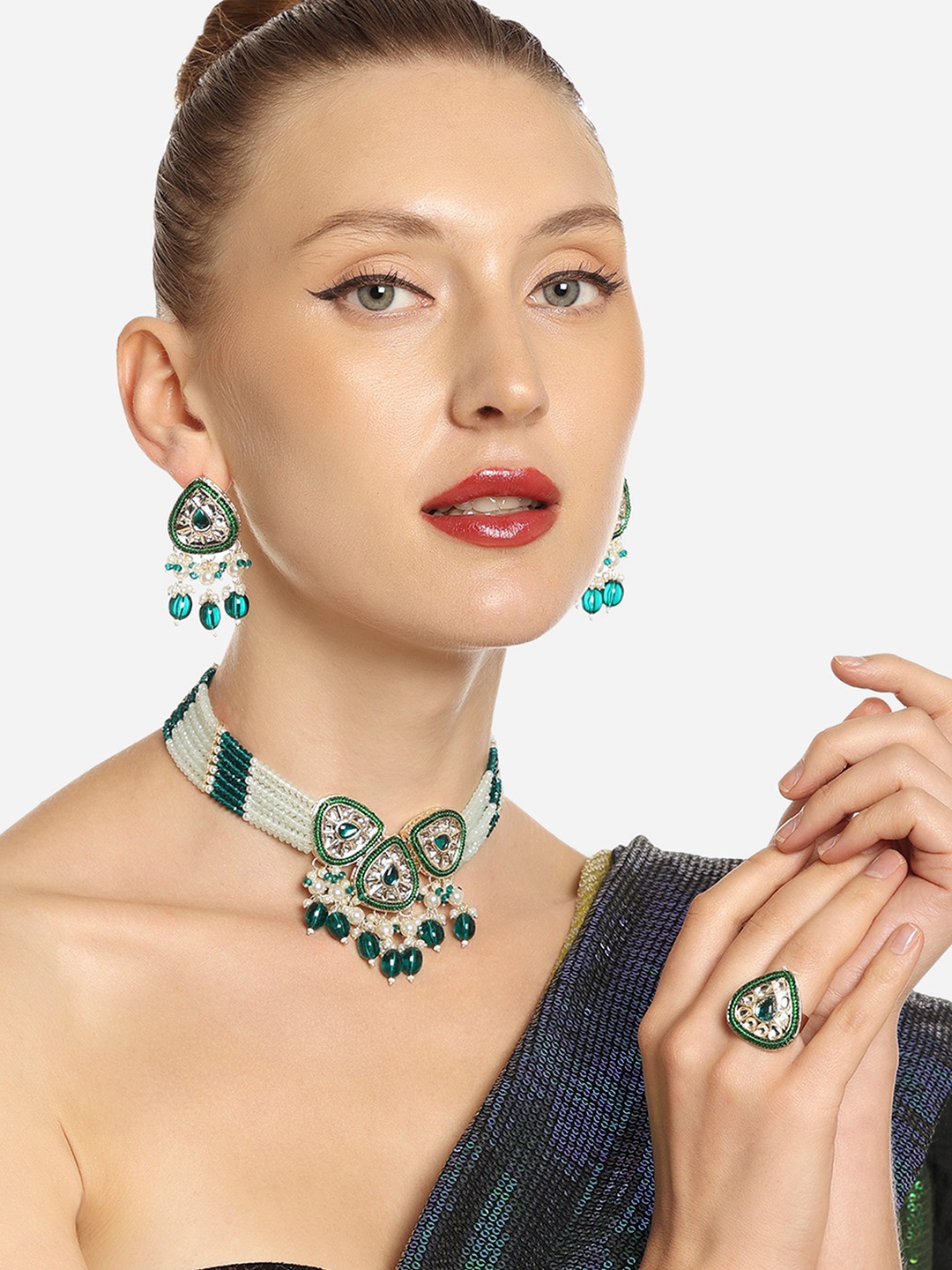 Zaveri Pearls Gold-Plated Kundan Stones & Beads Necklace With Earrings & Finger Ring, Green
Zaveri Pearls Gold-Plated Kundan Stones & Beads Necklace With Earrings & Finger Ring, Green