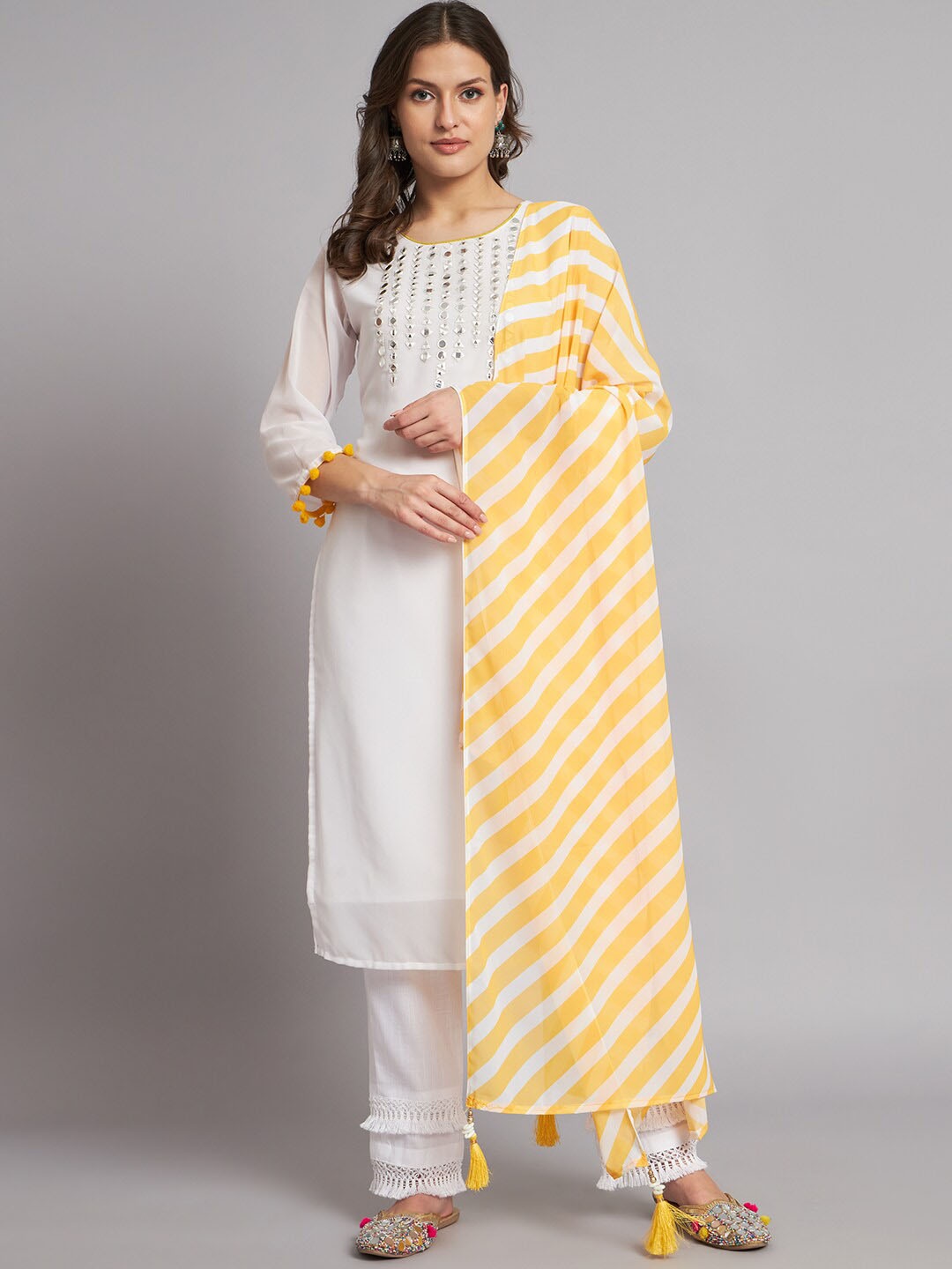 KALINI Yoke Design Regular Mirror Work Georgette Kurta With Trousers & Dupatta, White
KALINI Yoke Design Regular Mirror Work Georgette Kurta With Trousers & Dupatta, White