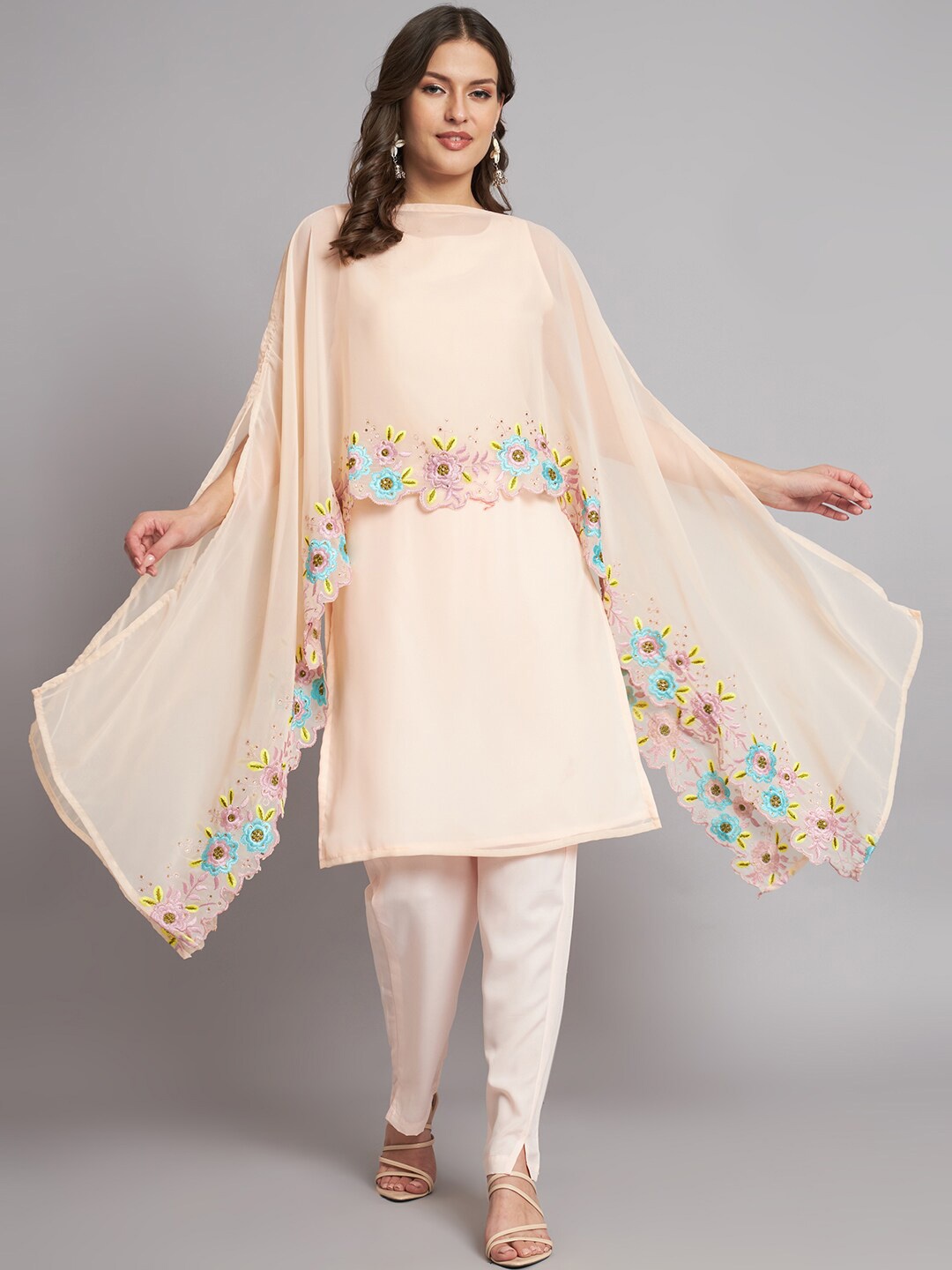 KALINI Floral Embroidered Thread Work Kurta & Trousers With Dupatta, Beige