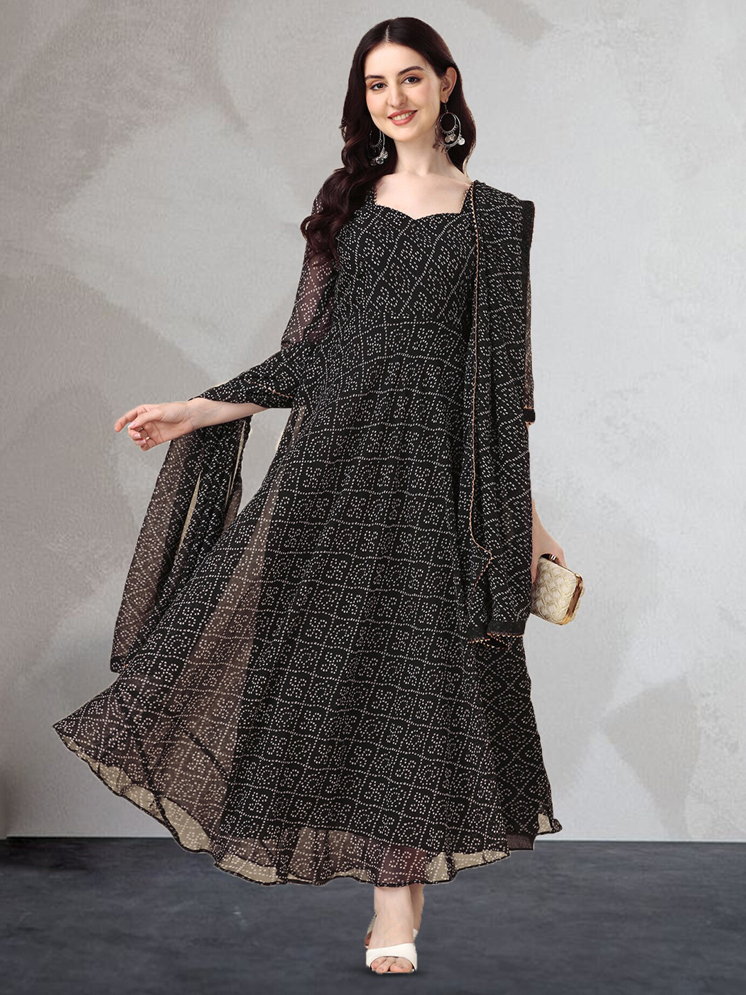 N N ENTERPRISE Women Black Bandhani Printed Georgette Anarkali Kurta with Dupatta
N N ENTERPRISE Women Black Bandhani Printed Georgette Anarkali Kurta with Dupatta