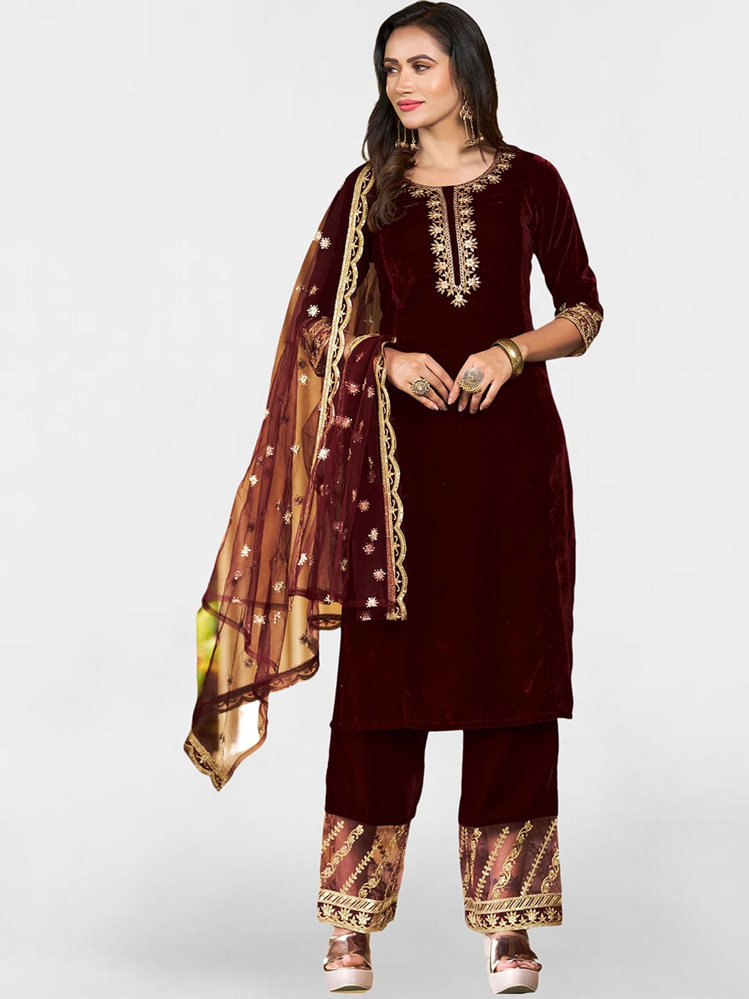 KALINI Floral Yoke Design Regular Thread Work Velvet Kurta With Trousers & Dupatta, Maroon
KALINI Floral Yoke Design Regular Thread Work Velvet Kurta With Trousers & Dupatta, Maroon