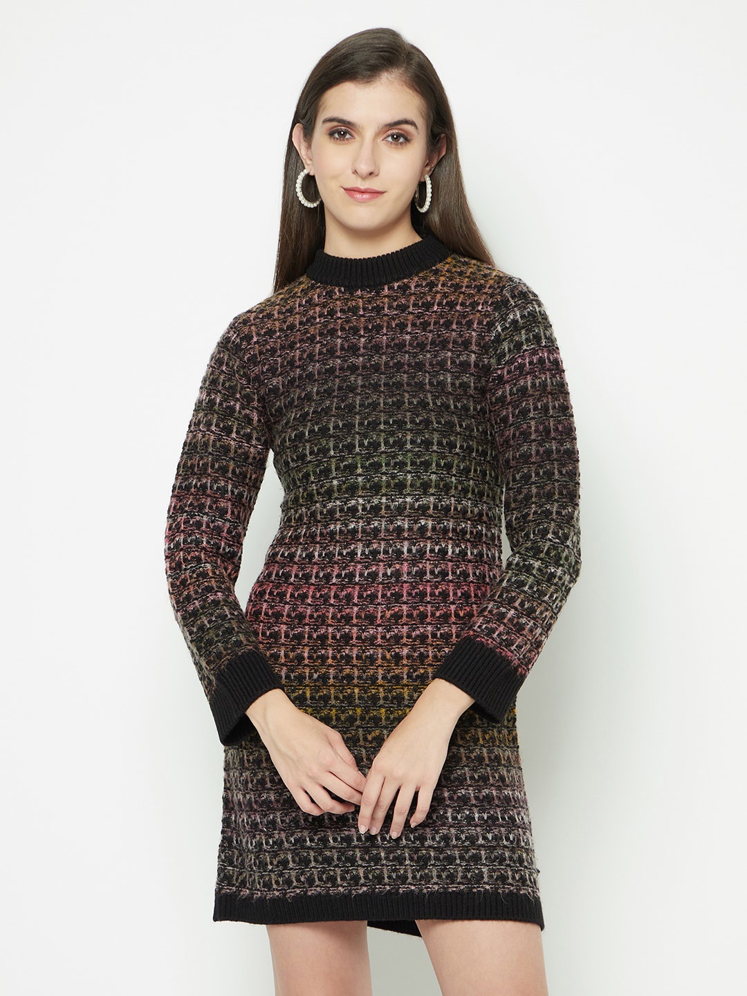 Knitstudio Self Design Round Neck Long Sleeves Acrylic Knits A-Line Mini Dress, Black
Knitstudio Self Design Round Neck Long Sleeves Acrylic Knits A-Line Mini Dress, Black