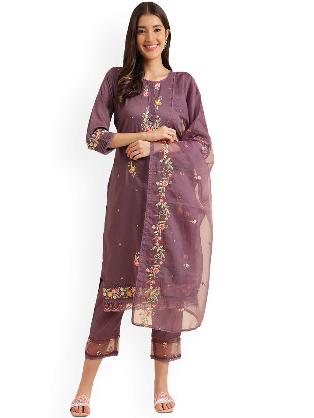KALINI Floral Beads & Stones Embroidered Regular Kurta With Trousers & Dupatta, Purple