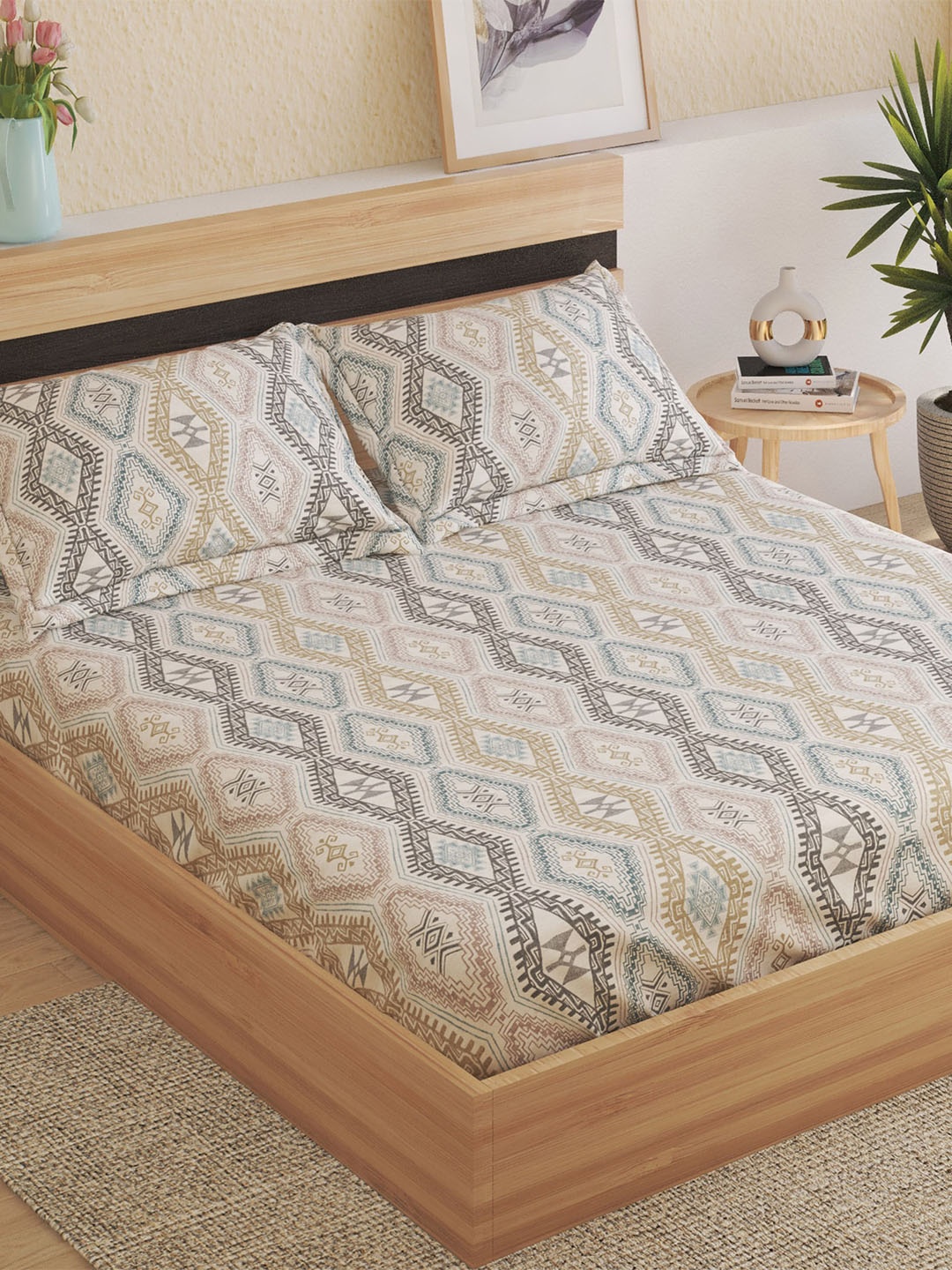 Home Centre Harold Off White & Blue Geometric 120 TC Queen Bedsheet with 2 Pillow Covers
Home Centre Harold Off White & Blue Geometric 120 TC Queen Bedsheet with 2 Pillow Covers