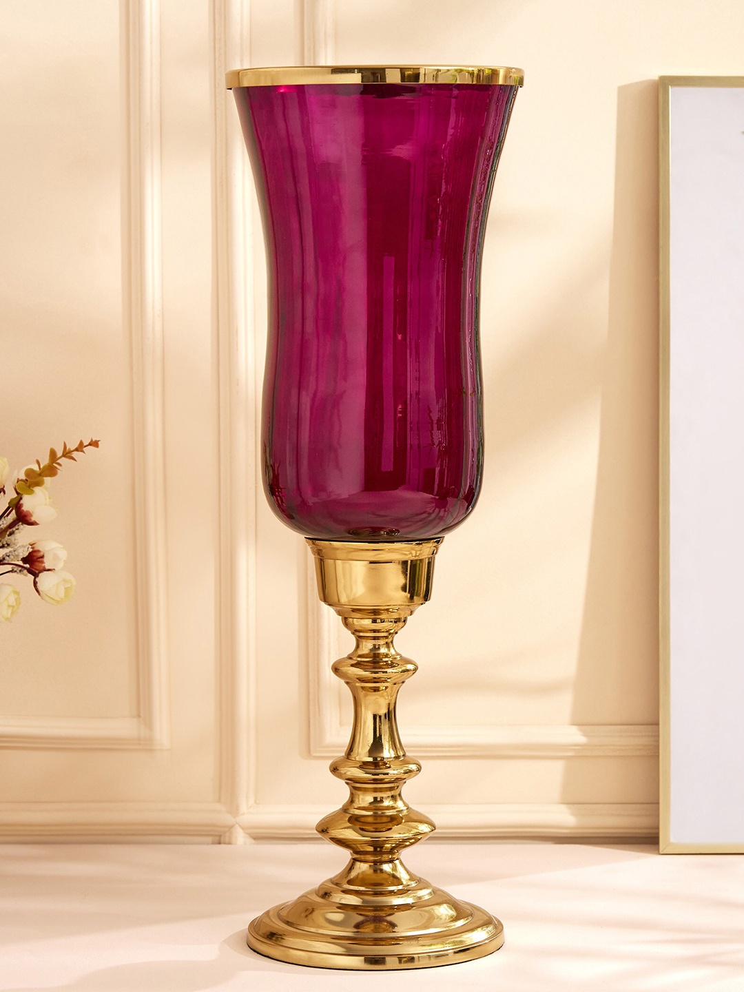 Home Centre Purple Textured Glass Hurricane Candle Holder