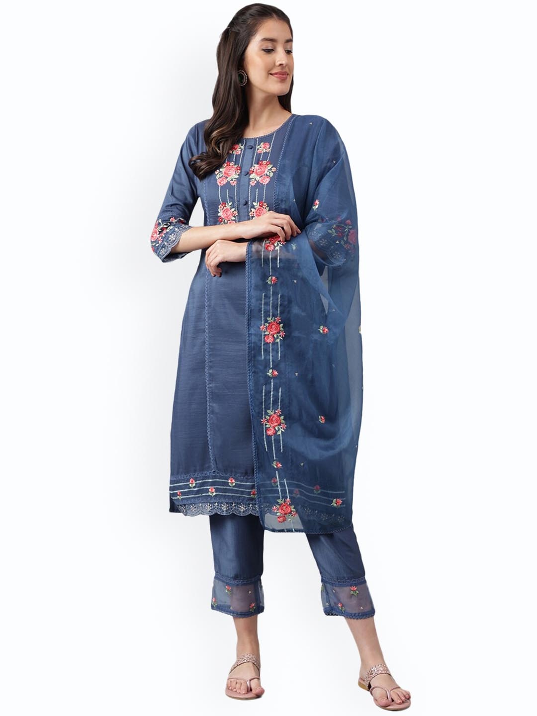 KALINI Floral Embroidered Regular Thread Work Kurta With Trousers & Dupatta, Navy blue
KALINI Floral Embroidered Regular Thread Work Kurta With Trousers & Dupatta, Navy blue