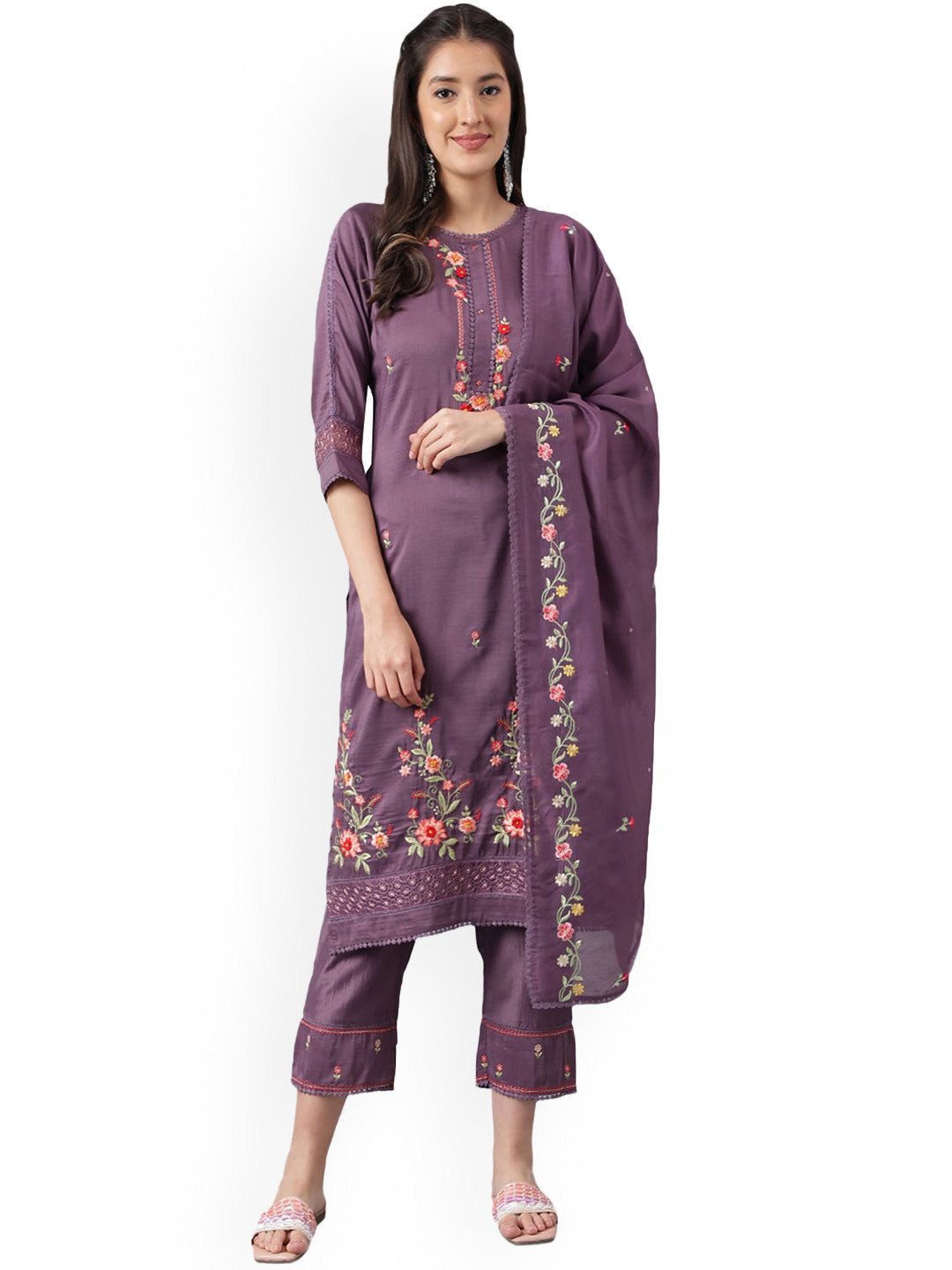 KALINI Floral Embroidered Kurta with Trousers & With Dupatta, Purple
KALINI Floral Embroidered Kurta with Trousers & With Dupatta, Purple