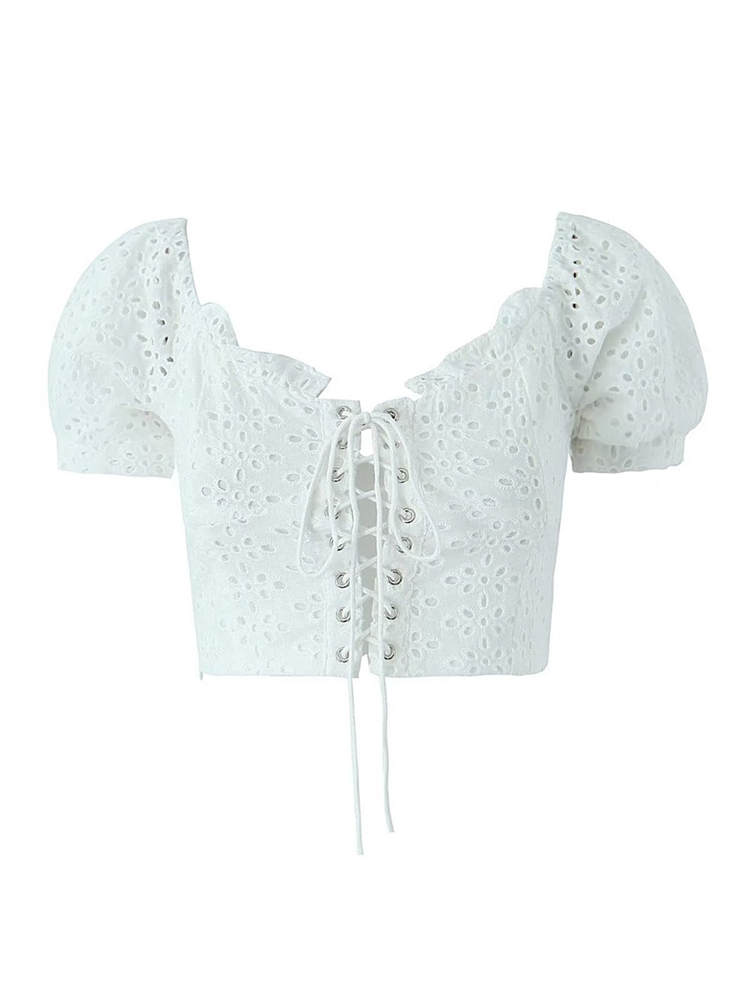 LULU & SKY Sweetheart Neck Self Design Puff Sleeve Lace-Up Crop Top, White
LULU & SKY Sweetheart Neck Self Design Puff Sleeve Lace-Up Crop Top, White