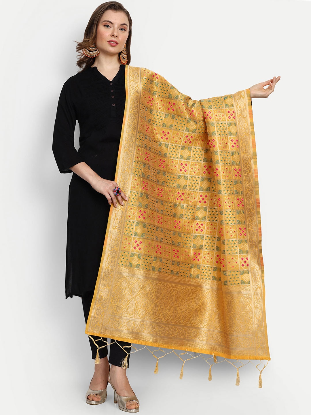 ESCORA Bandhani Woven Design Tasselled Bandhani Silk Dupatta, Yellow