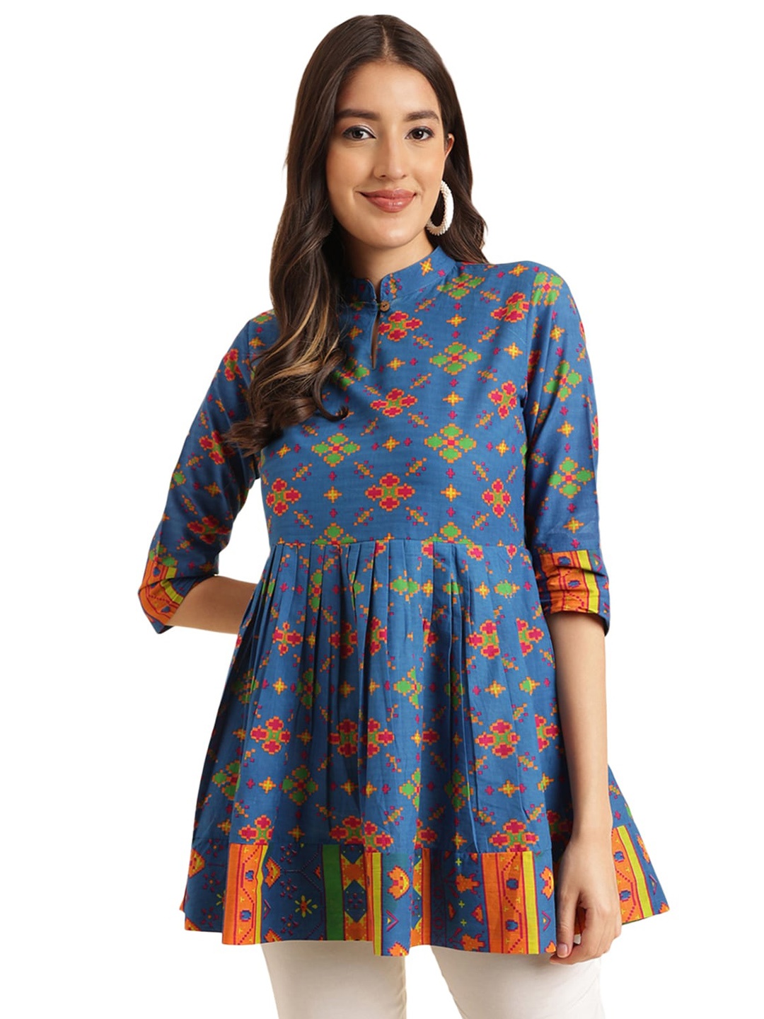 Nimayaa Ethnic Motif Printed Mandarin Collar Gathered or Pleated Pure Cotton A-Line Top, Navy blue
Nimayaa Ethnic Motif Printed Mandarin Collar Gathered or Pleated Pure Cotton A-Line Top, Navy blue