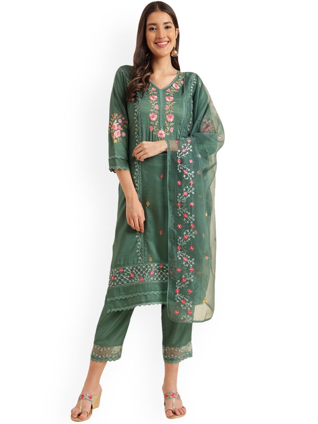 Nimayaa Floral Embroidered V-Neck Thread Work Straight Kurta & Trousers With Dupatta, Green
Nimayaa Floral Embroidered V-Neck Thread Work Straight Kurta & Trousers With Dupatta, Green