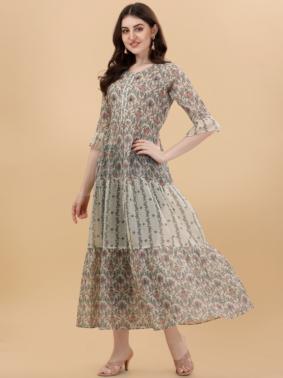 KALINI Floral Embroidered & printed Fit & Flared Maxi Cotton Ethnic Dress, White 
KALINI Floral Embroidered & printed Fit & Flared Maxi Cotton Ethnic Dress, White