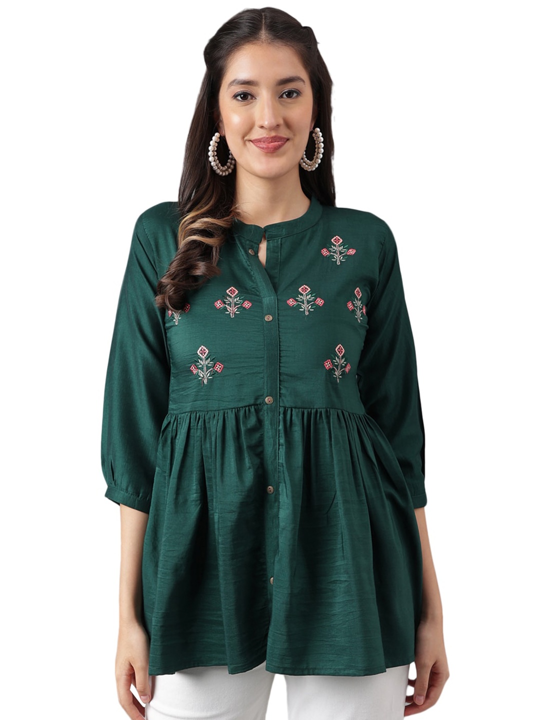 Nimayaa Floral Embroidered Longline A-Line Kurti, Green