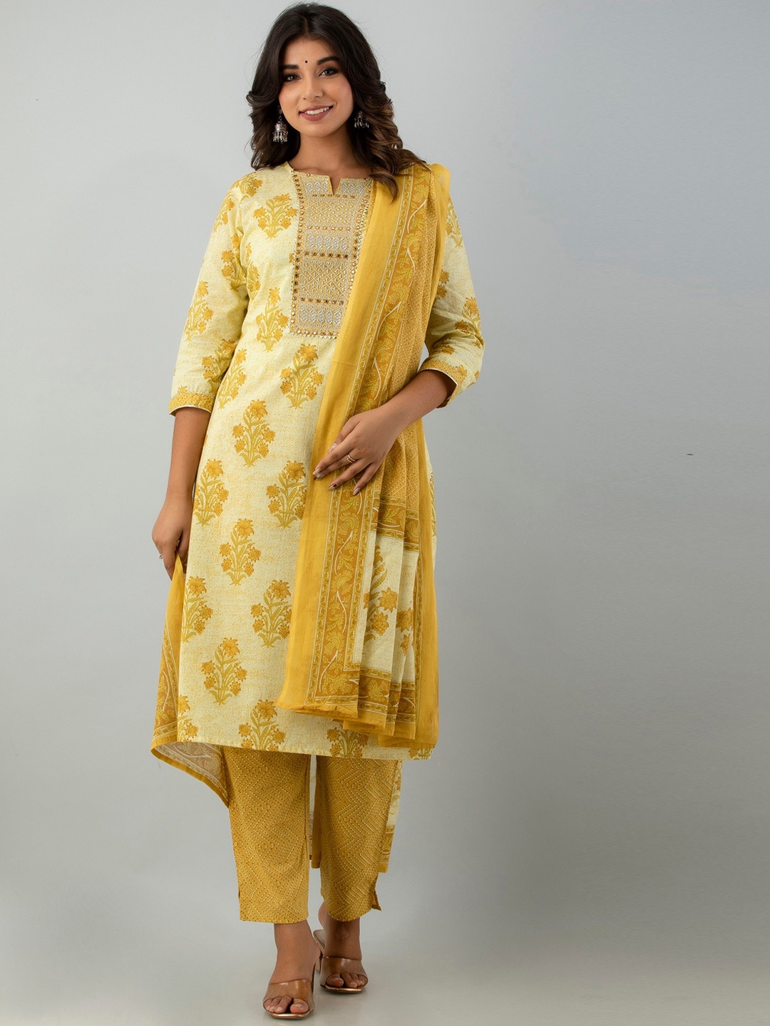 KASHEEDA Floral Printed Regular Mirror Work Kurta with Trousers & With Dupatta, Yellow
KASHEEDA Floral Printed Regular Mirror Work Kurta with Trousers & With Dupatta, Yellow