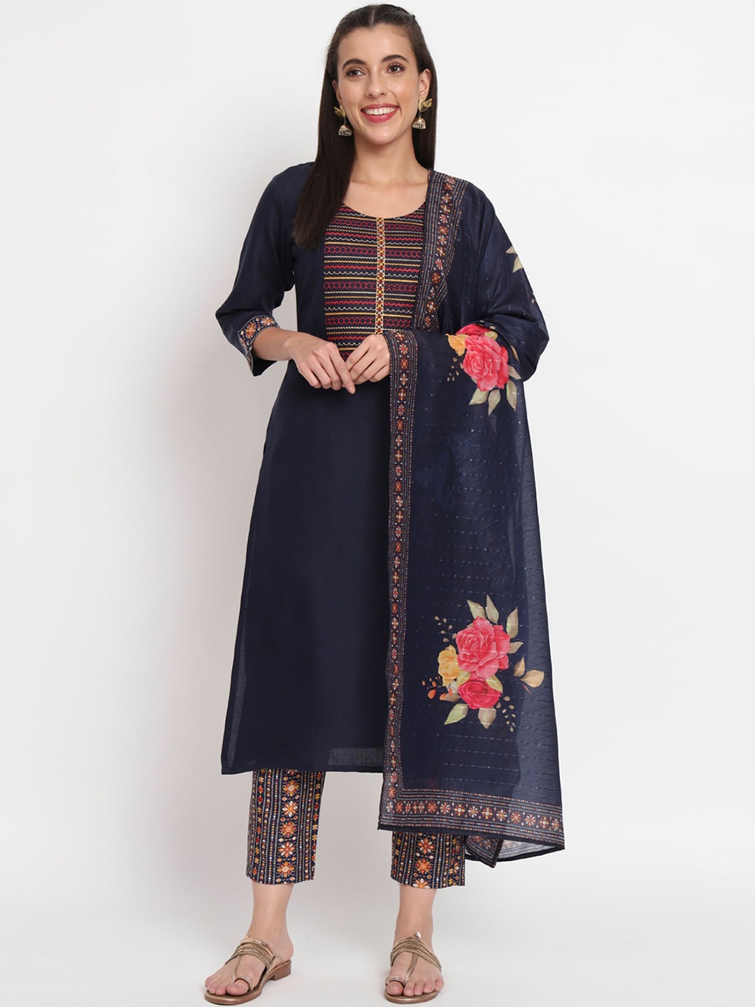 ODETTE Ethnic Motifs Yoke Design Thread Work Straight Kurta & Trousers With Dupatta, Blue
ODETTE Ethnic Motifs Yoke Design Thread Work Straight Kurta & Trousers With Dupatta, Blue