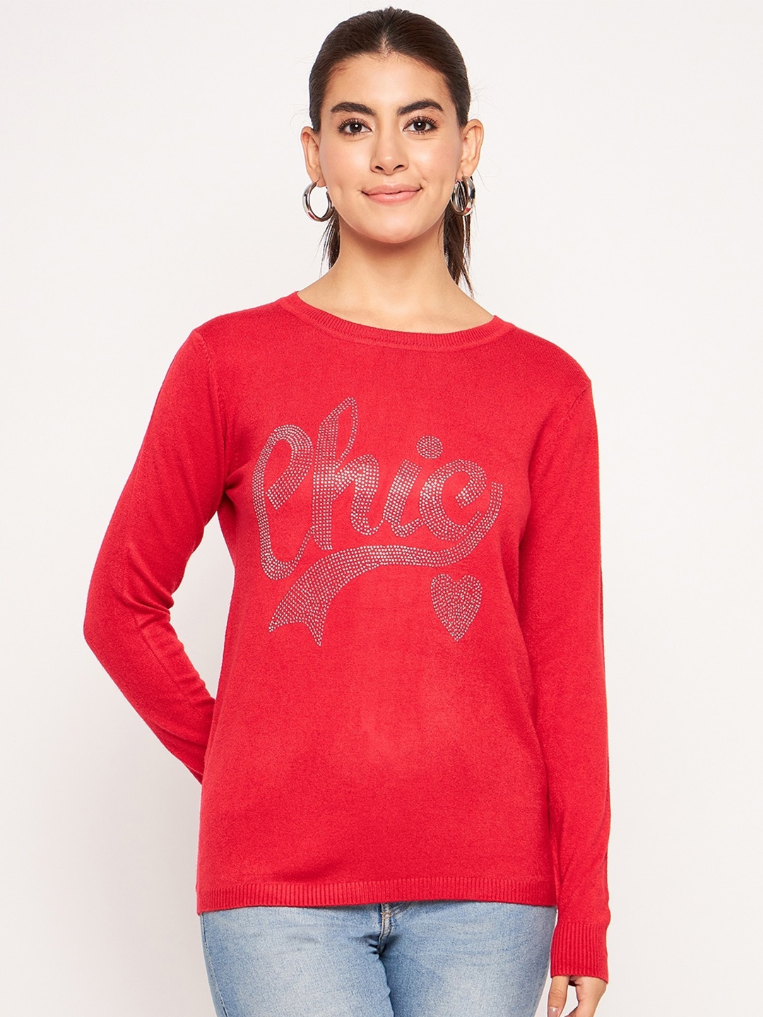 Camey Typography Printed Round Neck Long Sleeves Embellished Wool Pullover Sweater, Red
Camey Typography Printed Round Neck Long Sleeves Embellished Wool Pullover Sweater, Red