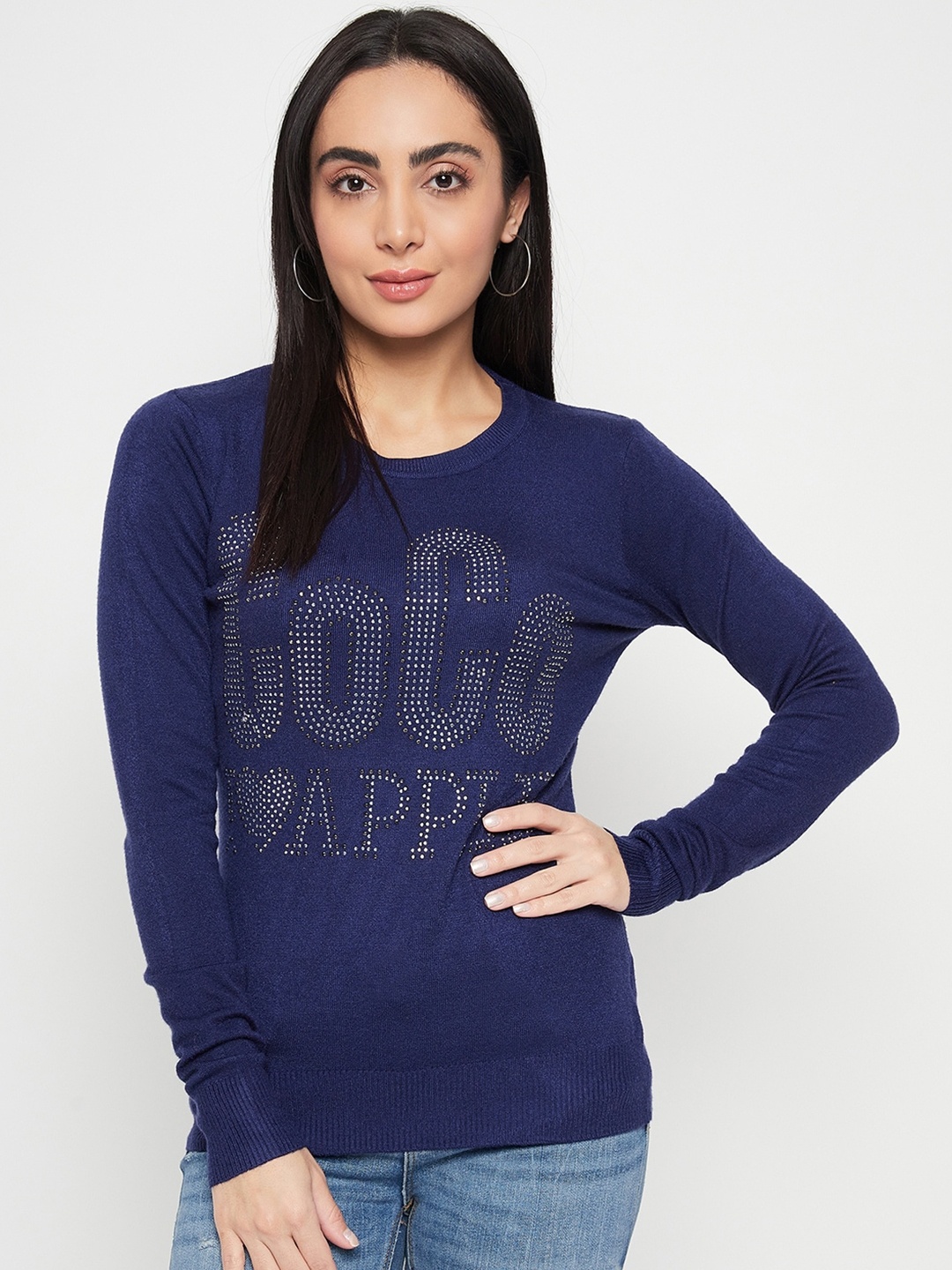 Camey Typography Printed Round Neck Long Sleeves Embellished Wool Pullover Sweater, Navy blue
Camey Typography Printed Round Neck Long Sleeves Embellished Wool Pullover Sweater, Navy blue