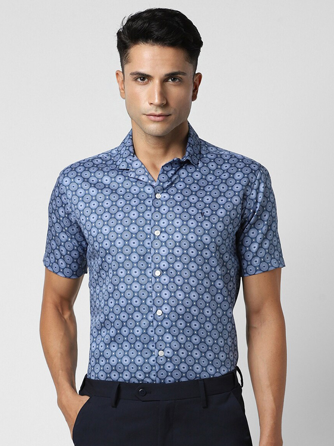 V Dot Printed Slim Fit Classic Cotton Casual Shirt, Blue 
V Dot Printed Slim Fit Classic Cotton Casual Shirt, Blue