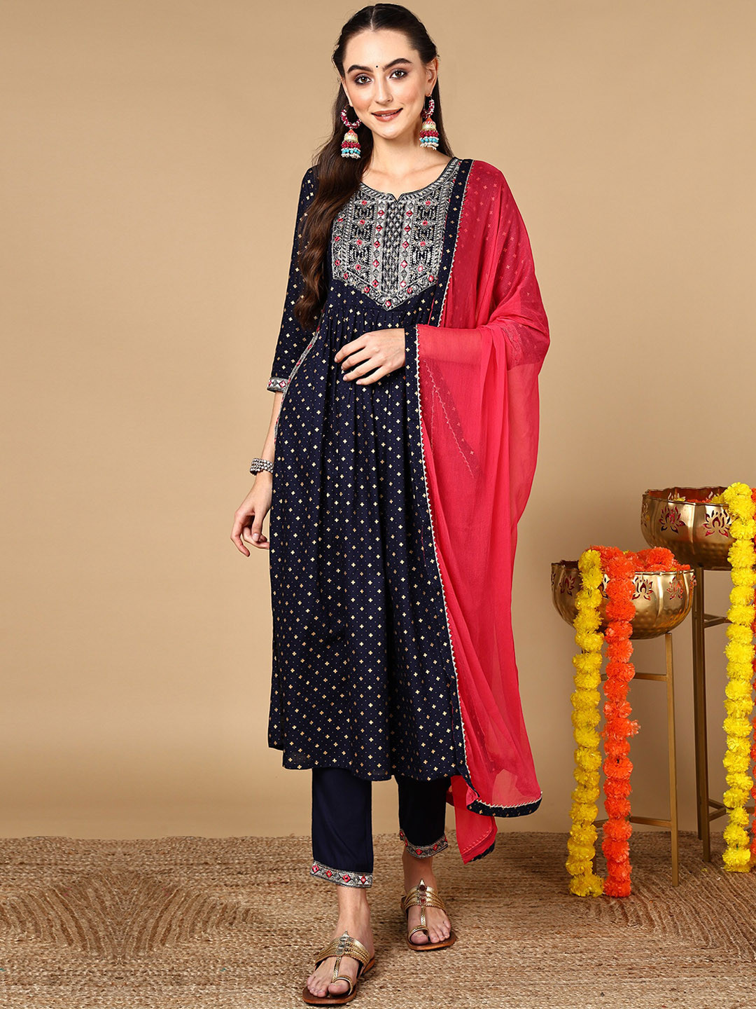 HERE&NOW Navy Blue Ethnic Motifs Printed Regular A-Line Kurta & Pyjamas With Dupatta
HERE&NOW Navy Blue Ethnic Motifs Printed Regular A-Line Kurta & Pyjamas With Dupatta