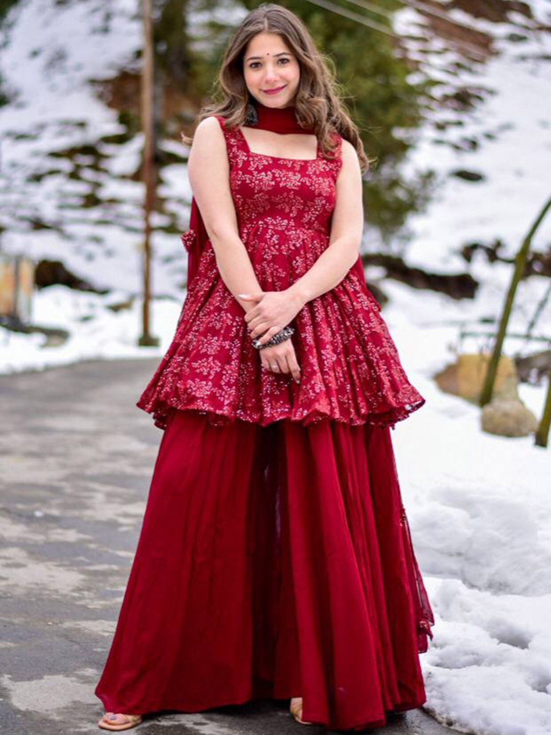 KALINI Floral Embroidered Square Neck Sequinned A-Line Kurti with Sharara & Dupatta, Maroon
KALINI Floral Embroidered Square Neck Sequinned A-Line Kurti with Sharara & Dupatta, Maroon