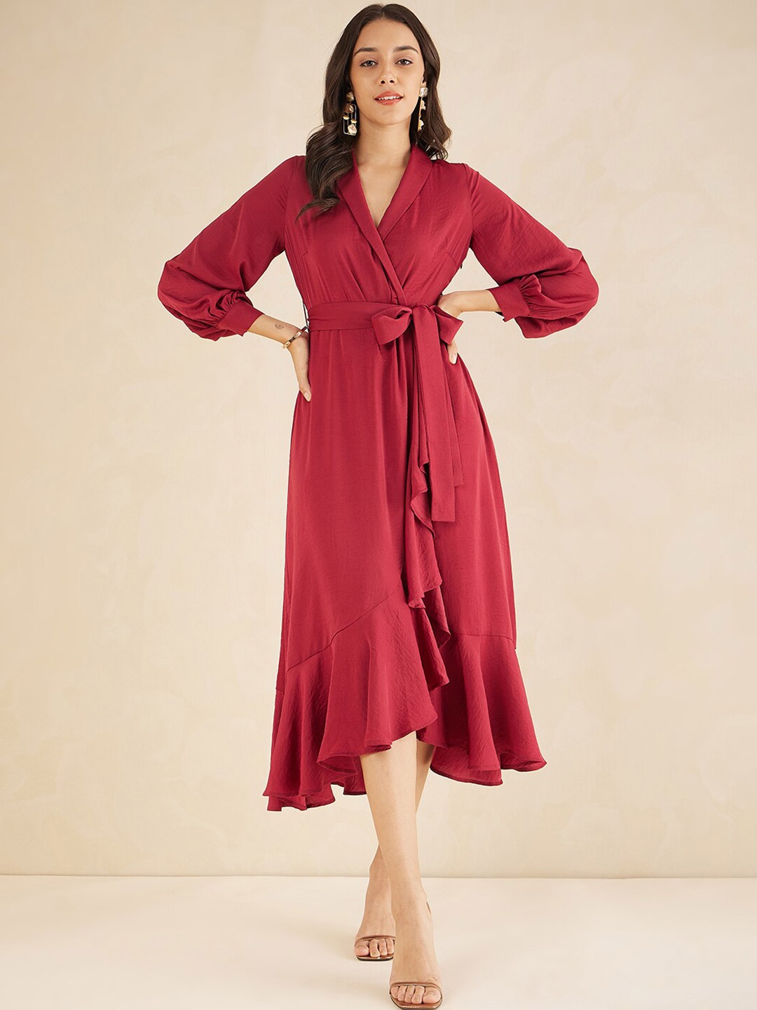 FEMMELLA Shawl Neck Cuffed Sleeve Ruffles Detail A-Line Dress Comes with a belt, Red
FEMMELLA Shawl Neck Cuffed Sleeve Ruffles Detail A-Line Dress Comes with a belt, Red