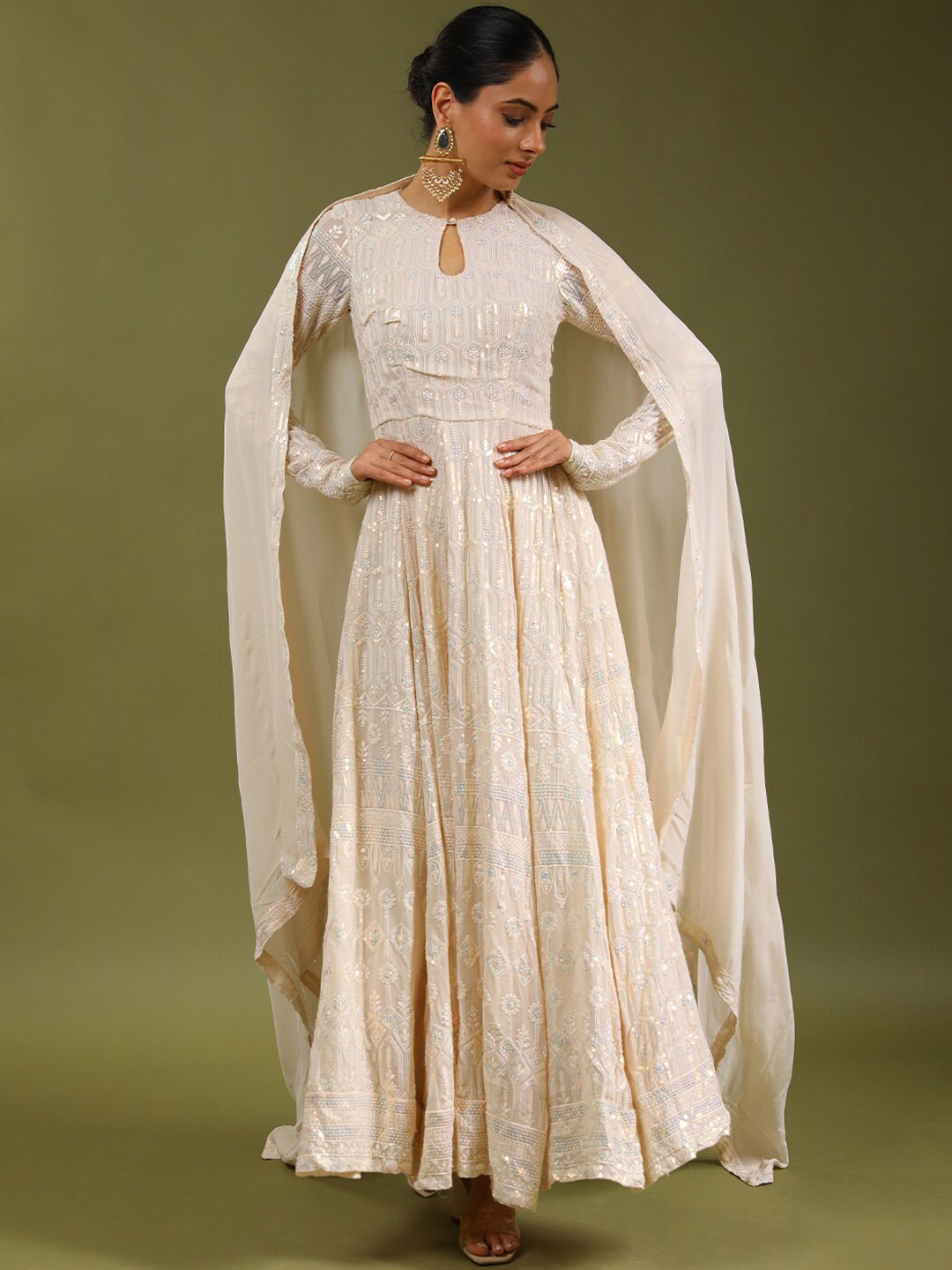 HANDME Floral Embroidered Chikankari Sequins Anarkali Maxi Ethnic Dress With Dupatta, Off white
HANDME Floral Embroidered Chikankari Sequins Anarkali Maxi Ethnic Dress With Dupatta, Off white