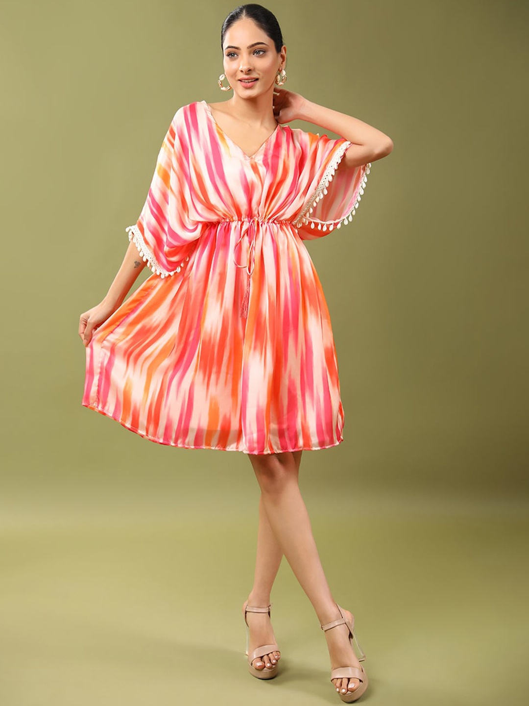 HANDME Striped Tie Up Kaftan Dress, Pink