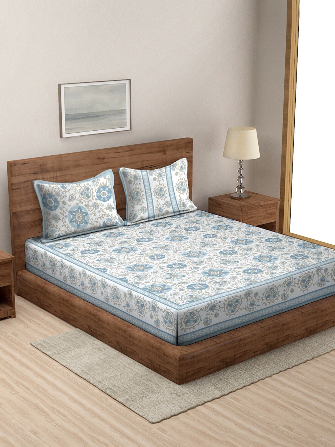 Rajasthan Decor White & Blue Ethnic Motifs Cotton 180 TC King Bedsheet & 2 Pillow Covers
Rajasthan Decor White & Blue Ethnic Motifs Cotton 180 TC King Bedsheet & 2 Pillow Covers
