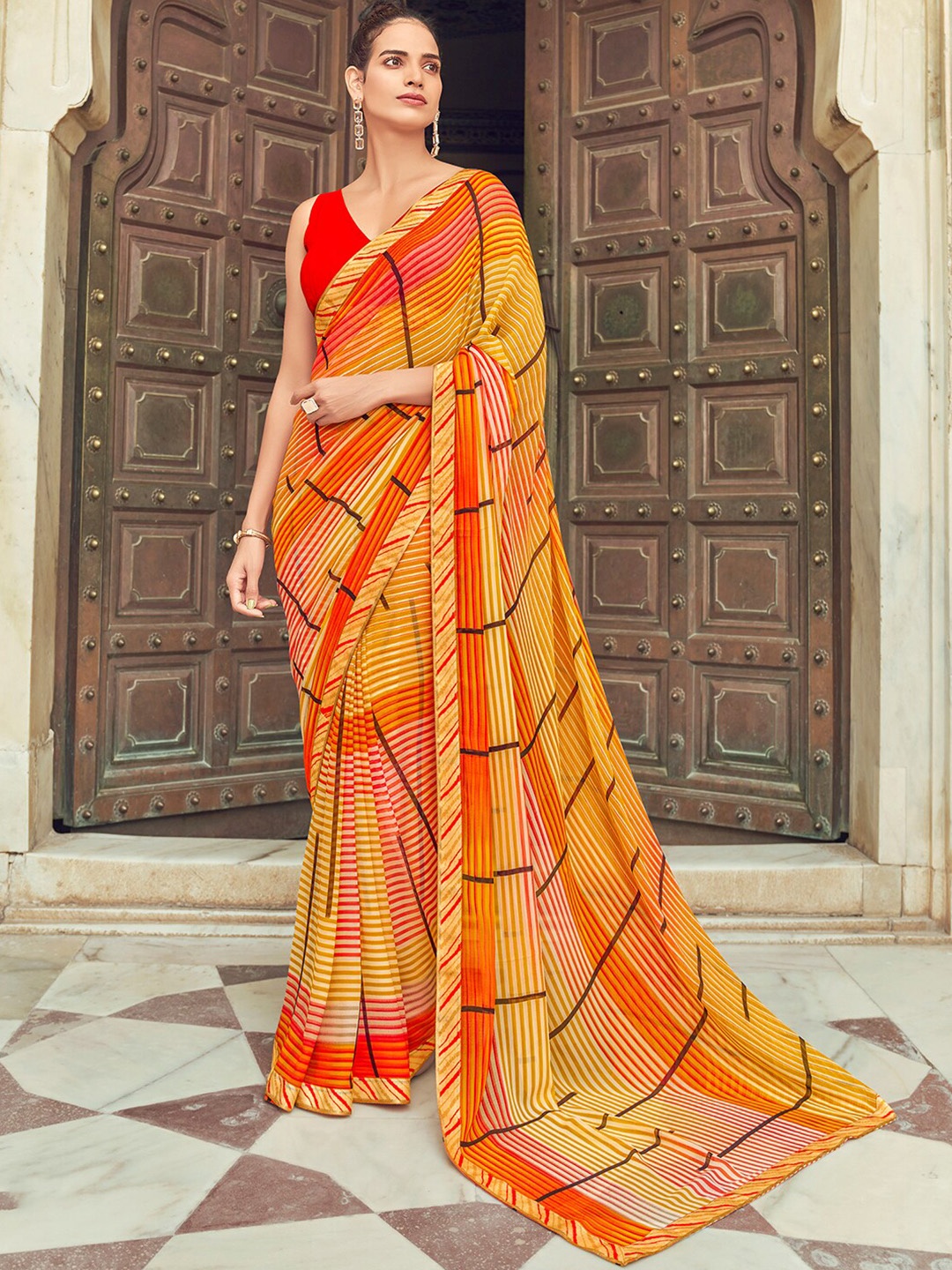 SANSKAR Striped Saree, Yellow