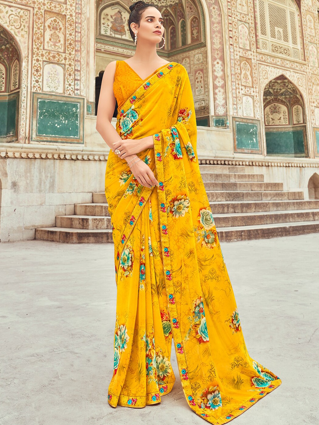 SANSKAR Floral Printed Saree, Yellow