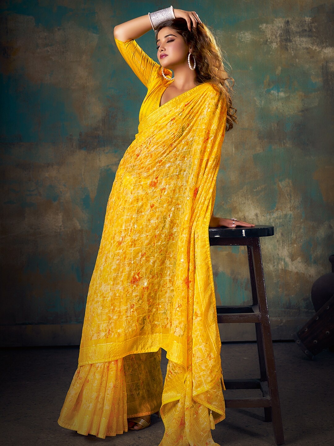 SANSKAR Floral Foil Printed Saree, Yellow