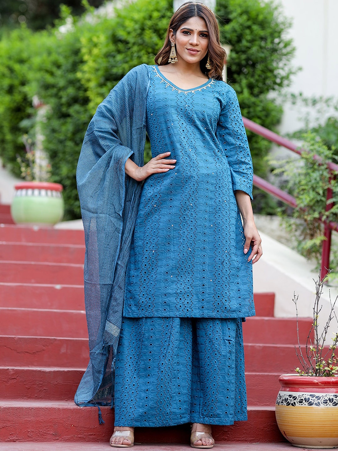 KALINI Ethnic Motifs Embroidered Regular Chikankari Kurta with Palazzos & With Dupatta, Blue
KALINI Ethnic Motifs Embroidered Regular Chikankari Kurta with Palazzos & With Dupatta, Blue