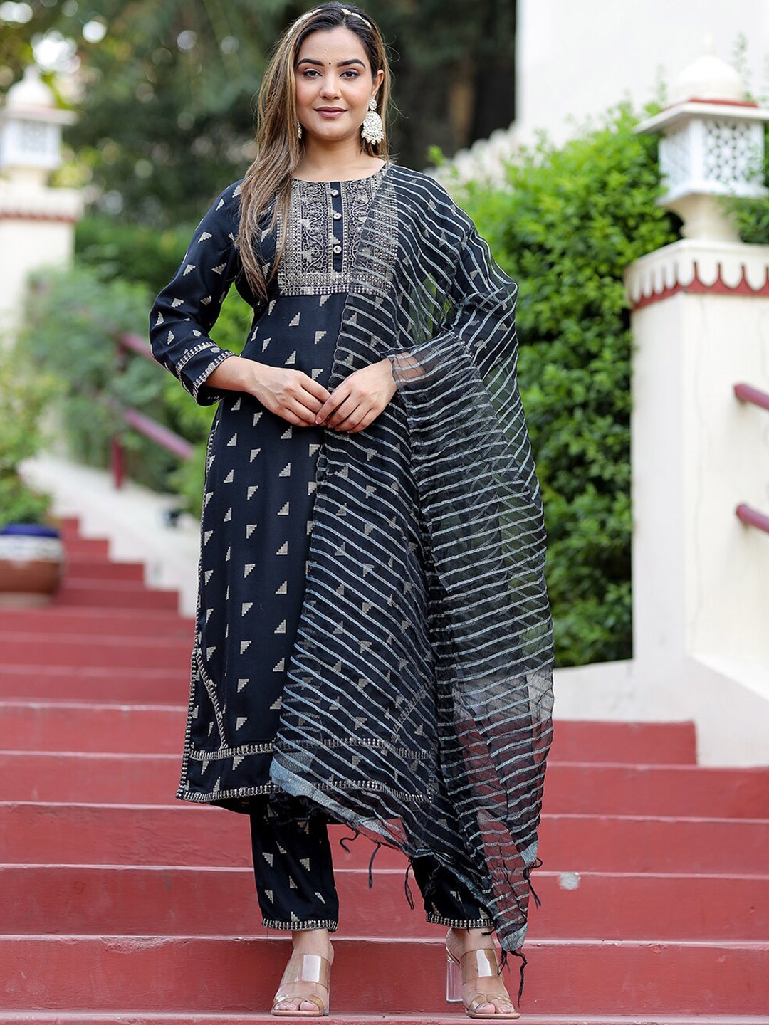 KALINI Geometric Woven Design Thread Work Detail Straight Kurta & Trousers With Dupatta, Blue
KALINI Geometric Woven Design Thread Work Detail Straight Kurta & Trousers With Dupatta, Blue