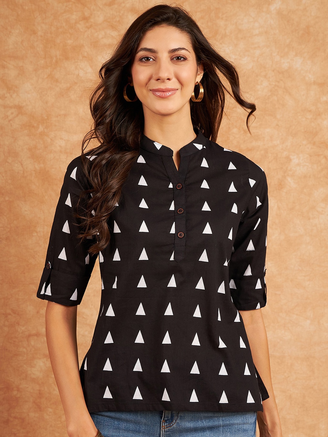RIVZA Geometric Printed Mandarin Collar Roll-Up Sleeves Cotton Shirt Style Top, Black
RIVZA Geometric Printed Mandarin Collar Roll-Up Sleeves Cotton Shirt Style Top, Black