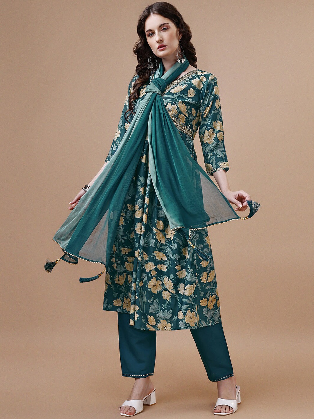 KALINI Floral Printed V-Neck Sequinned Empire A-Line Kurta with Trousers & Dupatta, Teal
KALINI Floral Printed V-Neck Sequinned Empire A-Line Kurta with Trousers & Dupatta, Teal