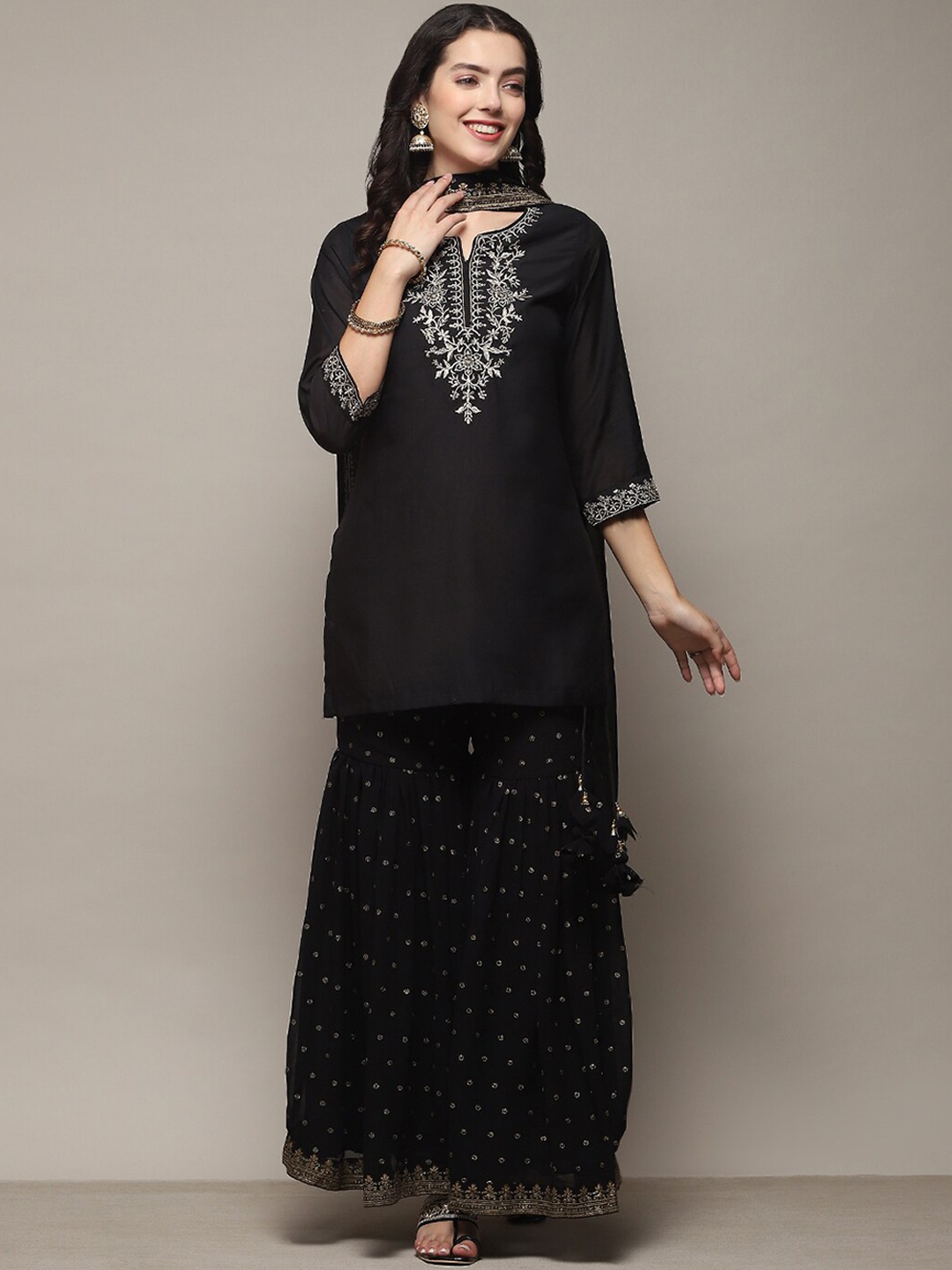 Biba Ethnic Motifs Yoke Design Notched Neck Zari Kurti With Sharara & Dupatta, Black
Biba Ethnic Motifs Yoke Design Notched Neck Zari Kurti With Sharara & Dupatta, Black