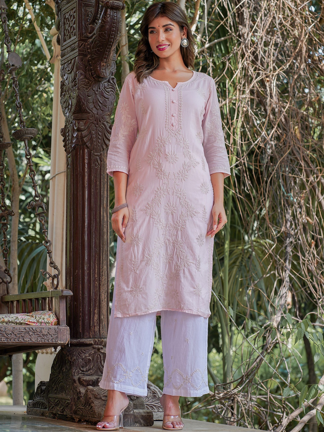KAAJH Ethic Motifs Embroidered Chikankari Detail Straight Kurta with Trousers, Peach
KAAJH Ethic Motifs Embroidered Chikankari Detail Straight Kurta with Trousers, Peach
