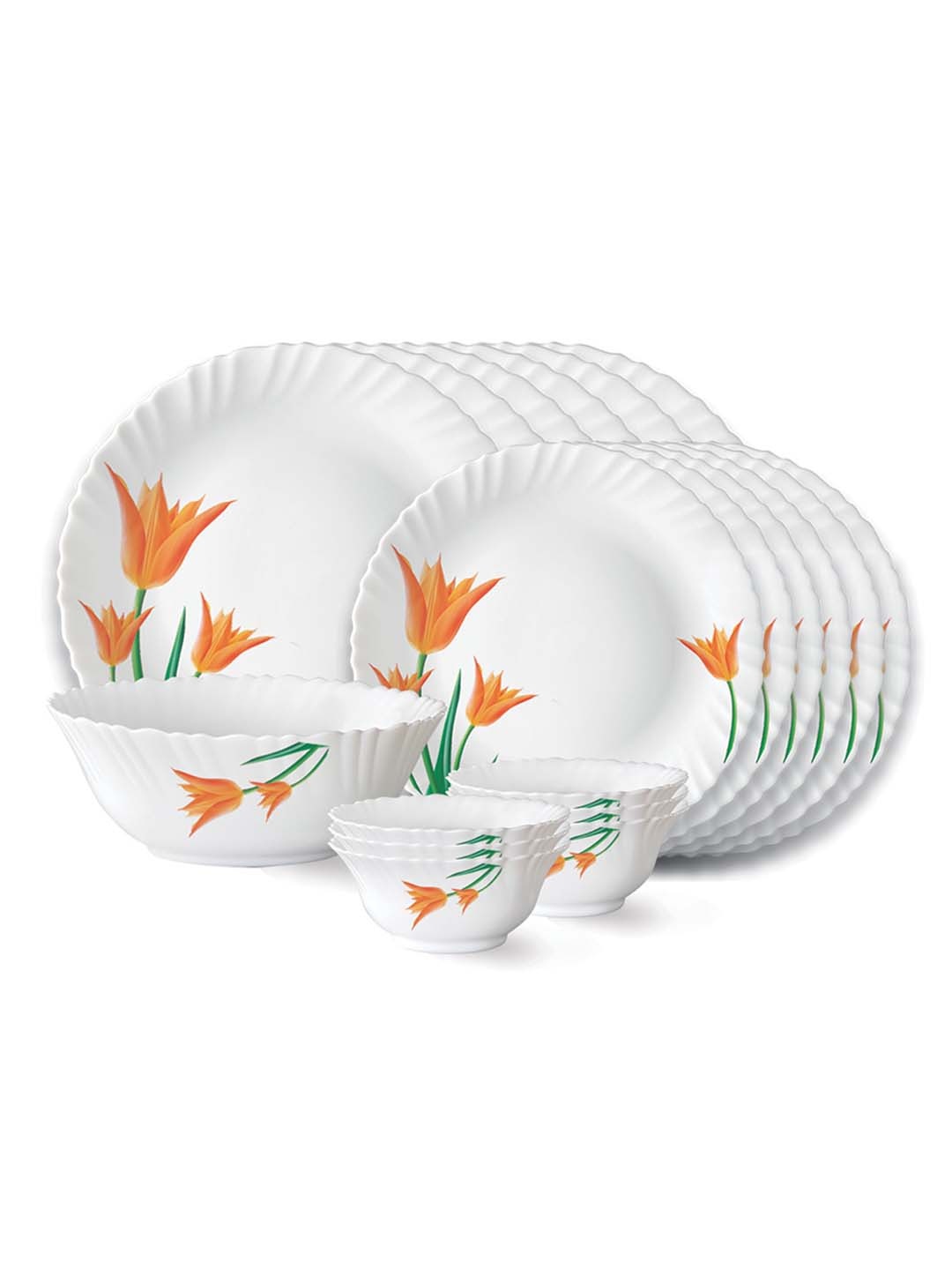 Larah by BOROSIL Fluted White & Orange 19 Pieces Floral Printed Opalware Glossy Dinner Set
Larah by BOROSIL Fluted White & Orange 19 Pieces Floral Printed Opalware Glossy Dinner Set