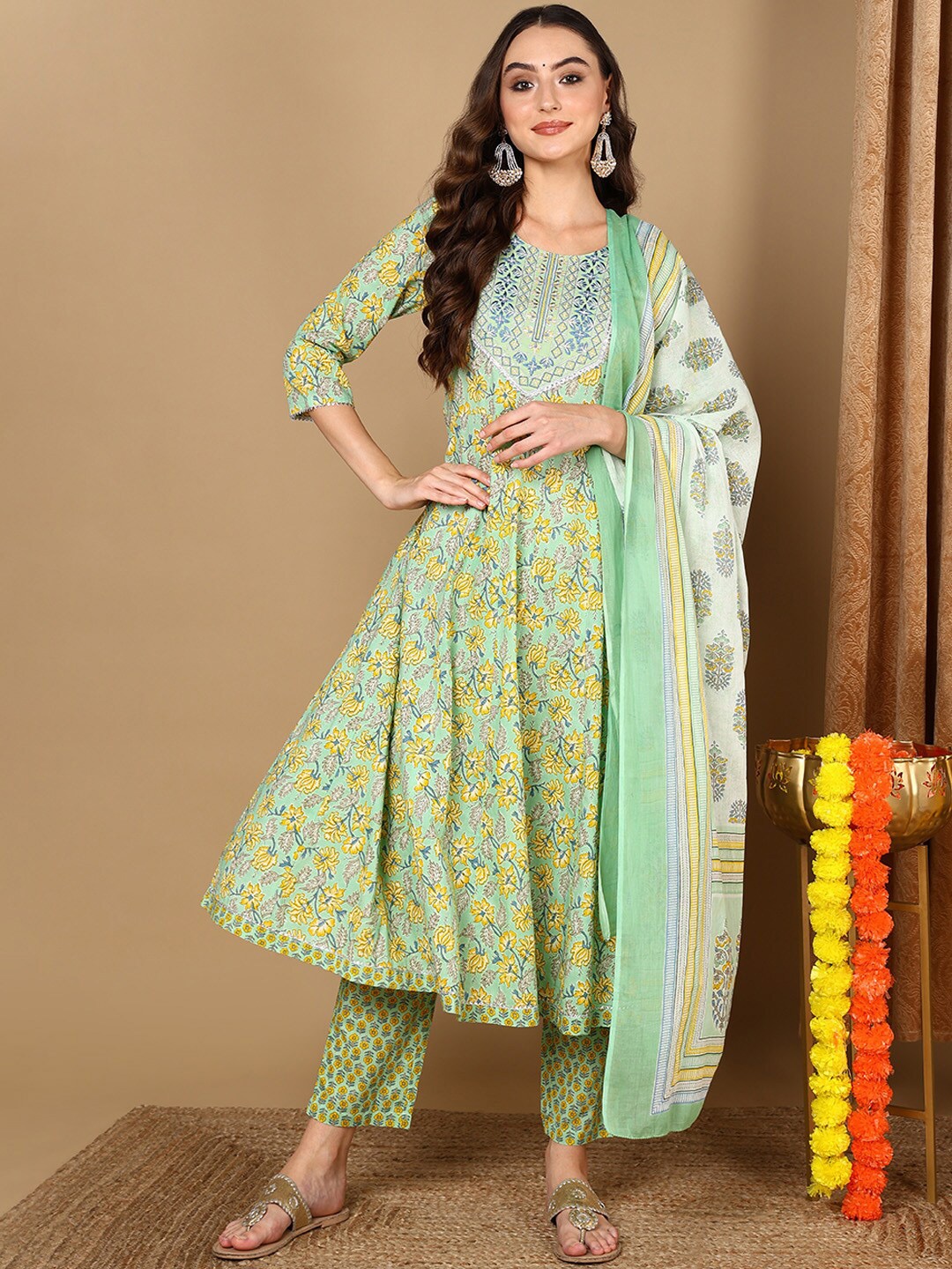 AHIKA Green Floral Printed A-Line Thread Work Pure Cotton Kurta With Trousers & Dupatta
AHIKA Green Floral Printed A-Line Thread Work Pure Cotton Kurta With Trousers & Dupatta