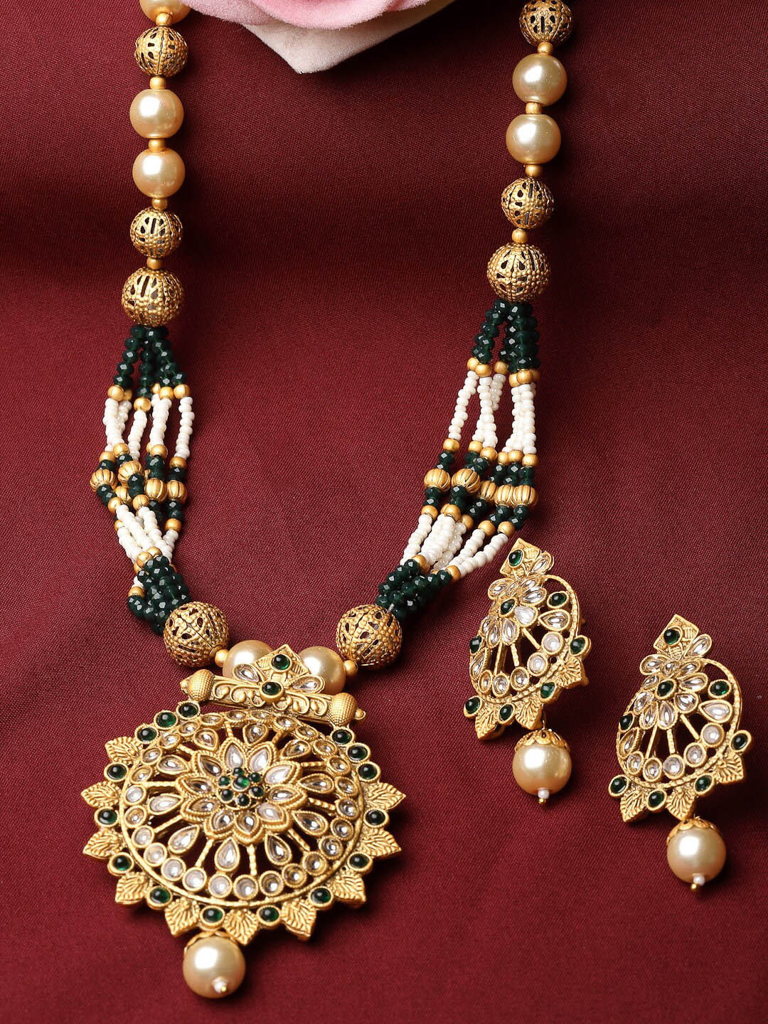 ADIVA Gold-Plated Stone-Studded & Beaded Necklace and Earrings 
ADIVA Gold-Plated Stone-Studded & Beaded Necklace and Earrings