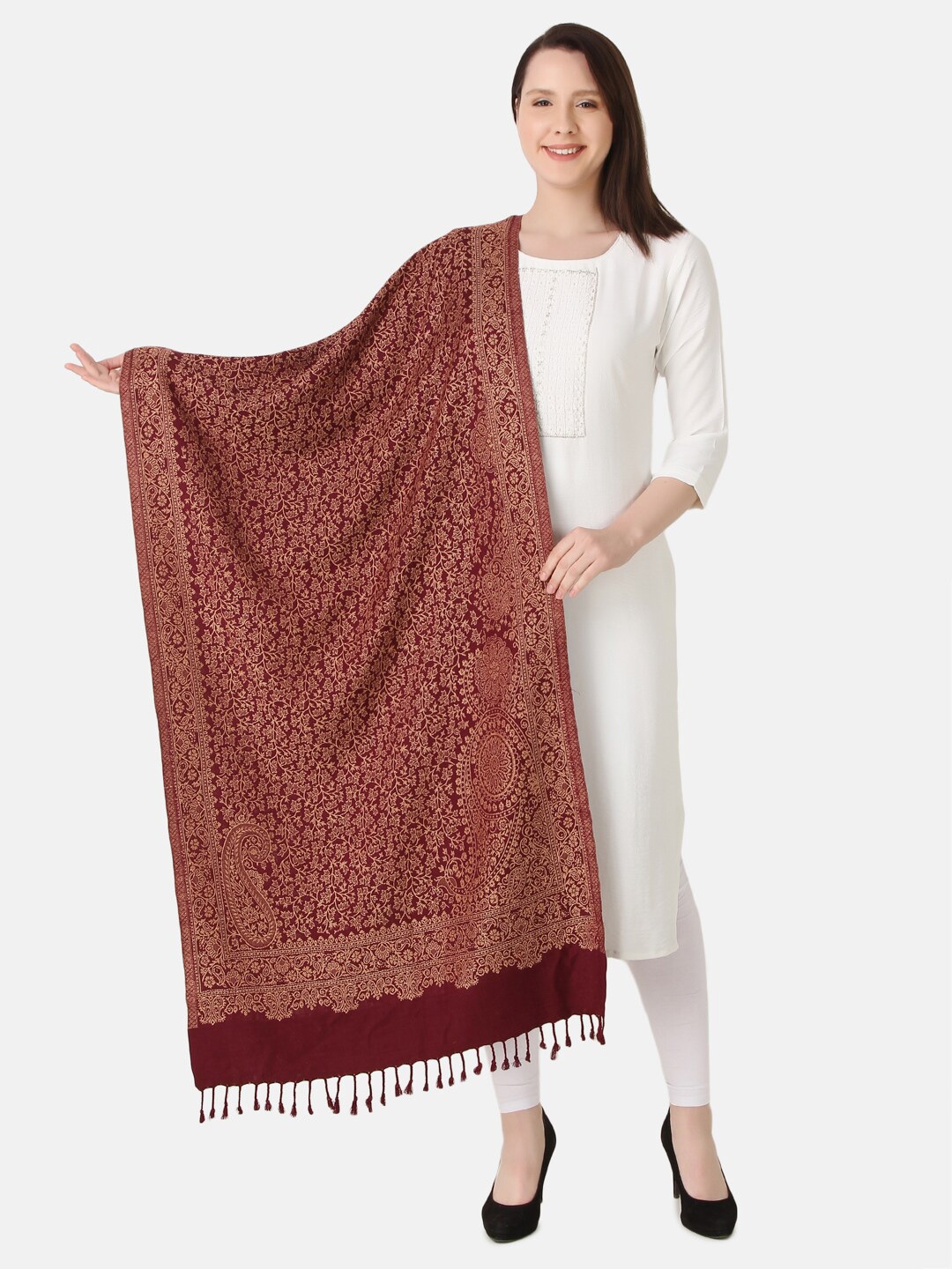 EVAZ Ethnic Motifs Woven Design Wool Shawl, Maroon