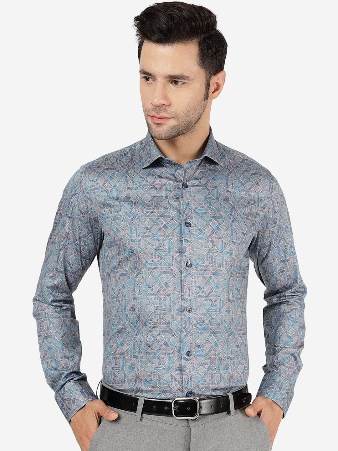 JB STUDIO Slim Fit Geometric Printed Cotton Formal Shirt, Grey 
JB STUDIO Slim Fit Geometric Printed Cotton Formal Shirt, Grey