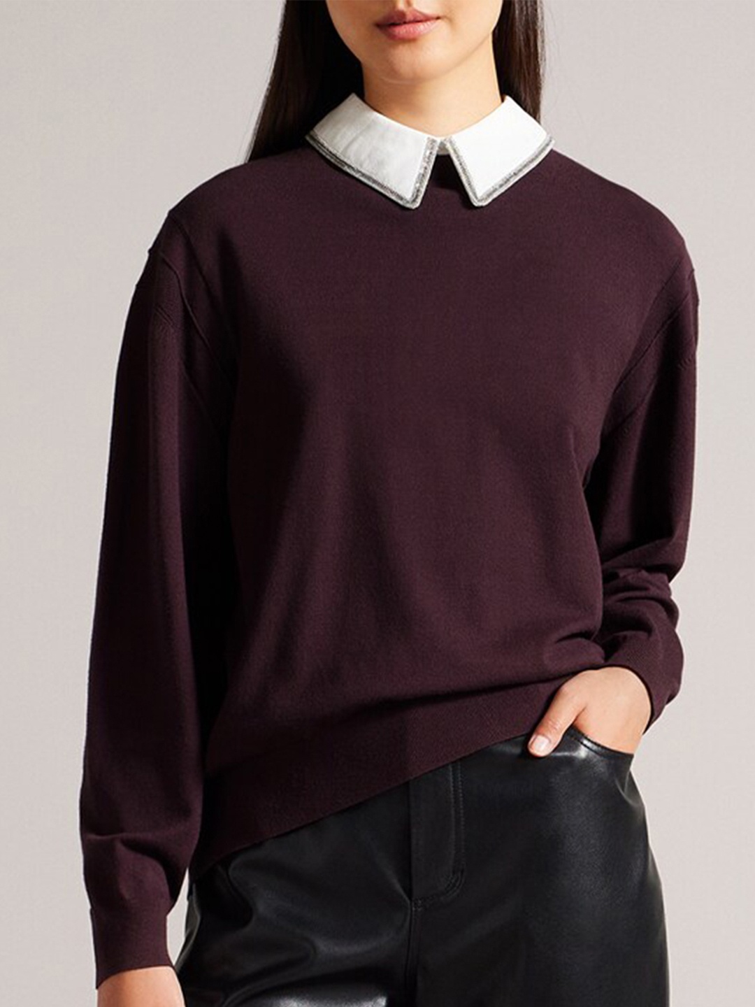 Ted Baker Shirt Collar Long Sleeves Pullover Sweaters, Maroon