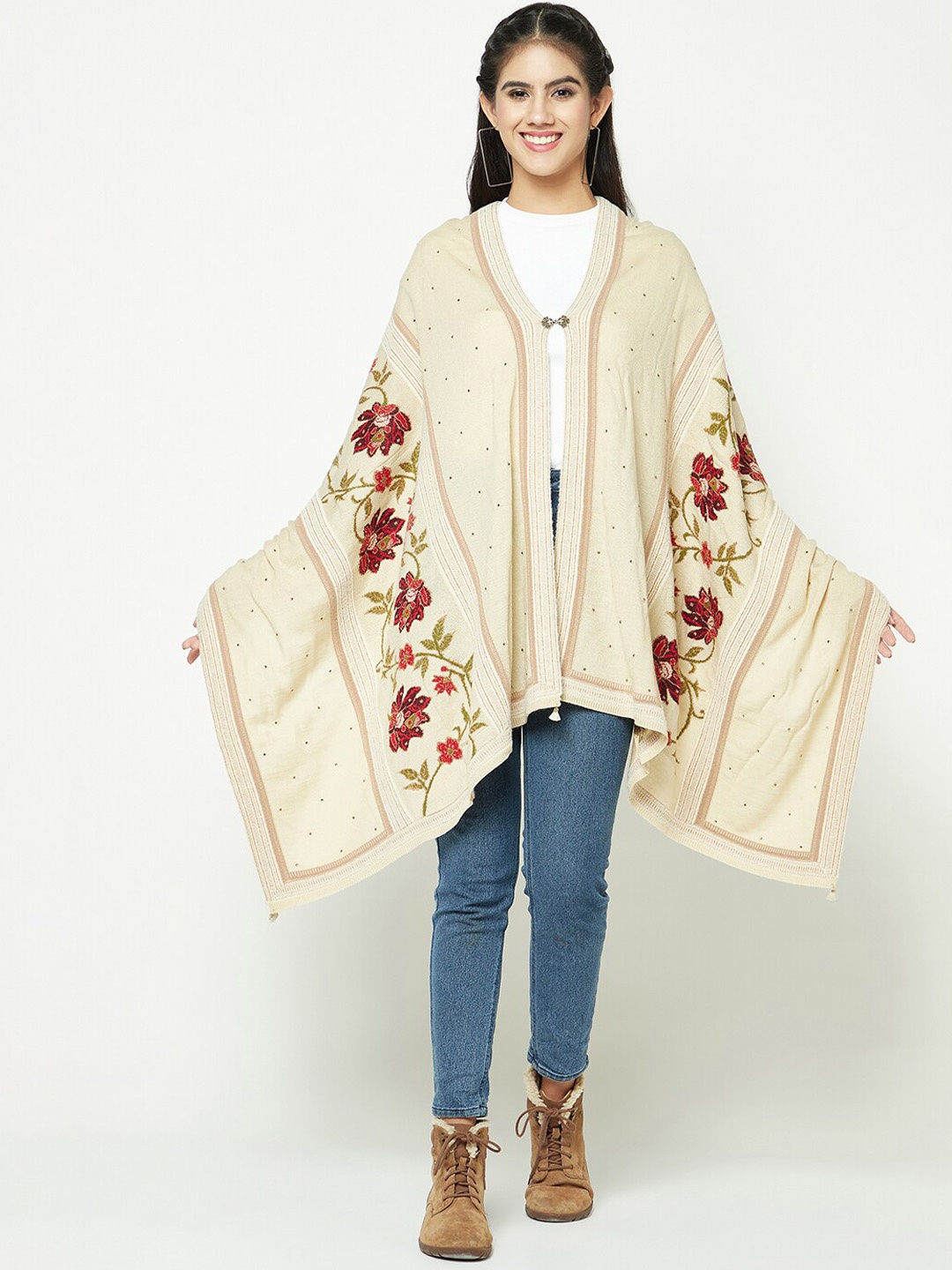 Knitstudio Floral Woven Design Knitted Stole, Beige