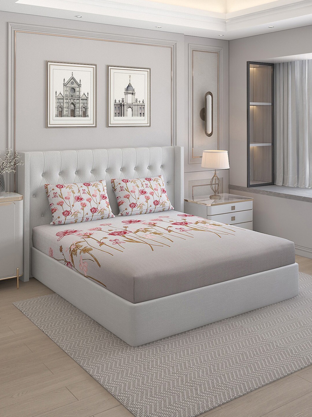 Monte Carlo Isla Grey & Pink Floral Cotton 144 TC Queen Bedsheet with 2 Pillow Covers
Monte Carlo Isla Grey & Pink Floral Cotton 144 TC Queen Bedsheet with 2 Pillow Covers