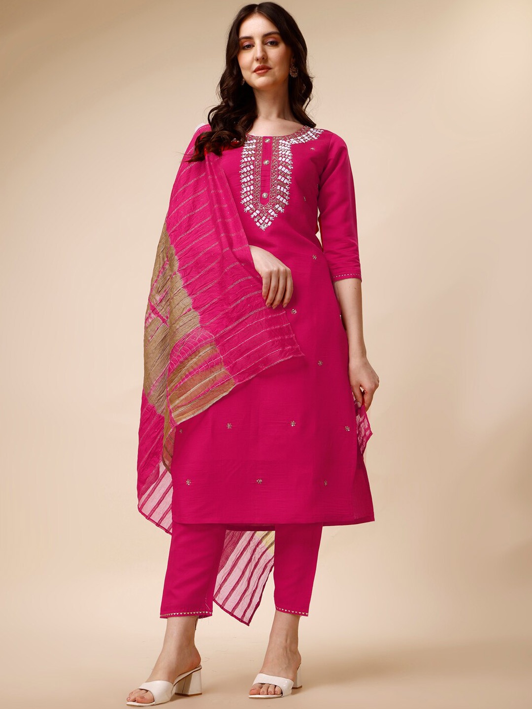 KALINI Ethnic Embroidered Beads & Stones Chanderi Cotton Kurta with Trousers & Dupatta, Fuchsia
KALINI Ethnic Embroidered Beads & Stones Chanderi Cotton Kurta with Trousers & Dupatta, Fuchsia