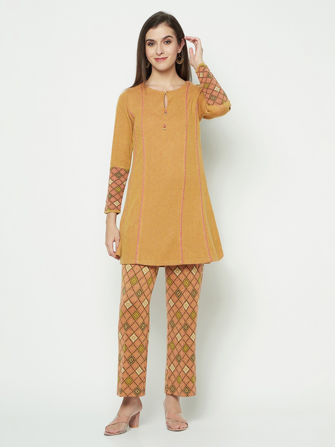 Knitstudio Geometric Printed Keyhole Neck Acrylic A-Line Kurta Kurta With Trousers, Mustard
Knitstudio Geometric Printed Keyhole Neck Acrylic A-Line Kurta Kurta With Trousers, Mustard